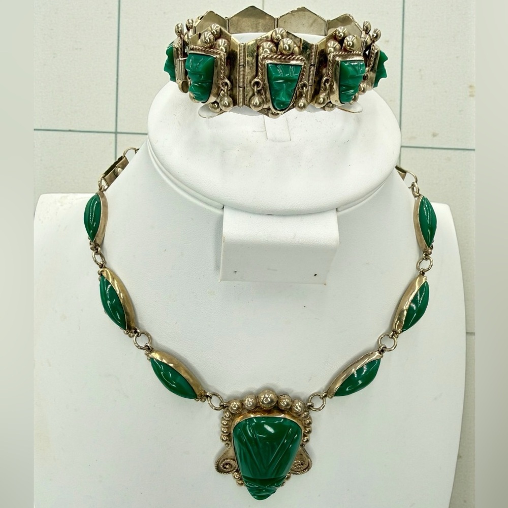 Vintage Mexico Sterling Green Onyx Aztec Mask Necklace Bracelet Set 17” & 7” - Picture 3 of 17